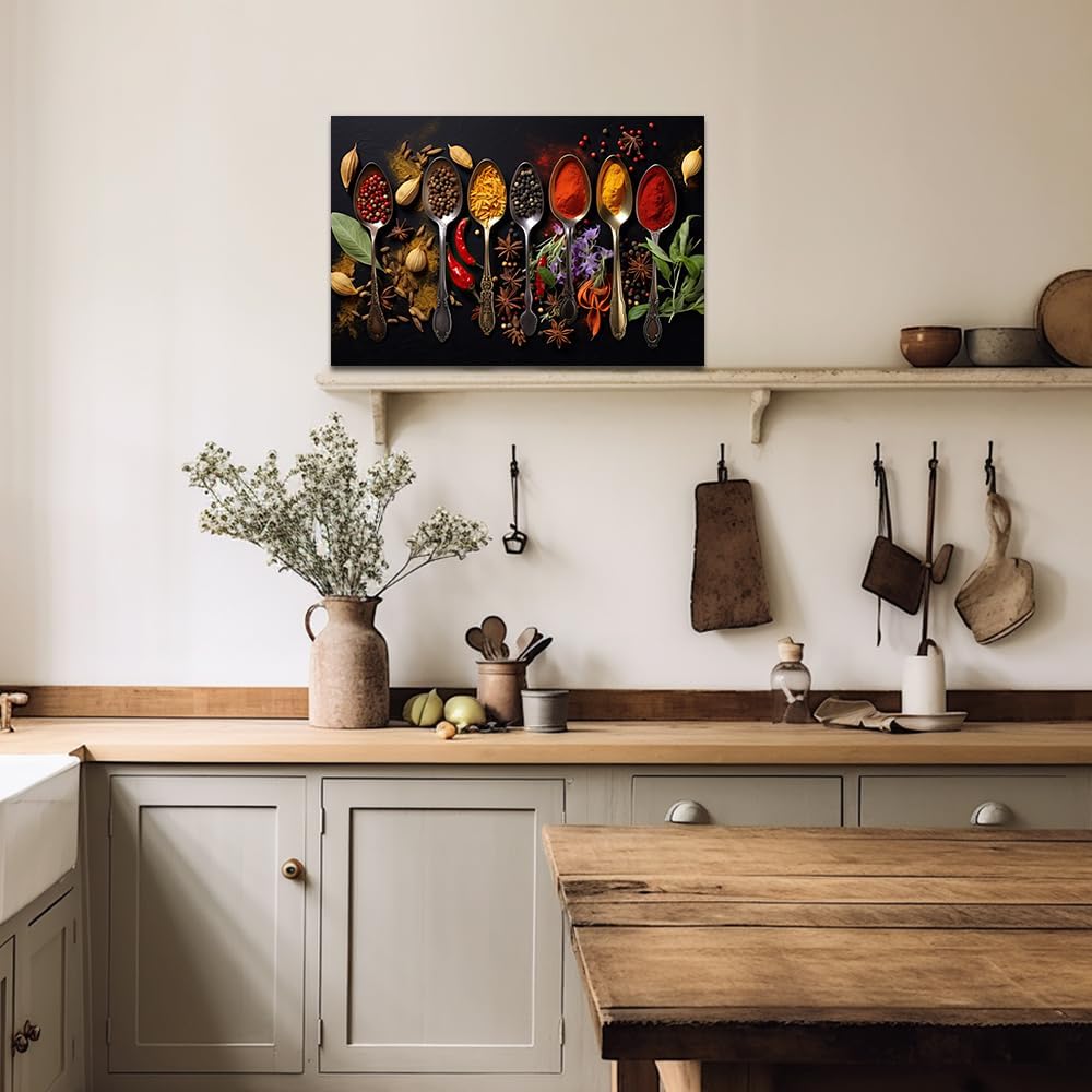QIXIANG Kitchen Canvas Wall Art - Colorful Spices in Spoon Pictures Food Painting Prints - Dining Room Home Decor Framed (Spice 4, 16.00" x 24.00")