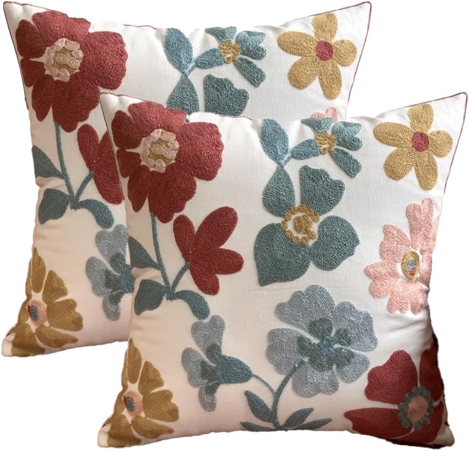 Starella 2 Pack Embroidered Floral Throw Pillow Covers 18x18 Spring Summer Boho Home Decorative Pillowcases for Bedroom Couch Farmhouse Sofa Red Flower