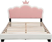 Vista 52 de Elegante cama de princesa tapizada de tamaño individual con cabecera corona, plataforma de piel sintética con soporte resistente de listones