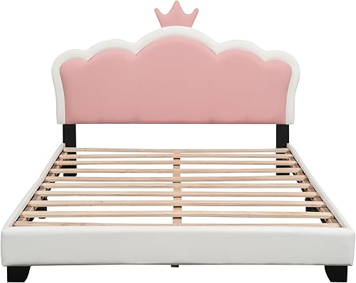Miniatura 52 de Elegante cama de princesa tapizada de tamaño matrimonial con cabecera corona, plataforma de piel sintética con soporte resistente de listones para