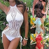 Lady Crochet Knit Monokini Lined Swimwear Swimsuit Bikini Halter Top Red S