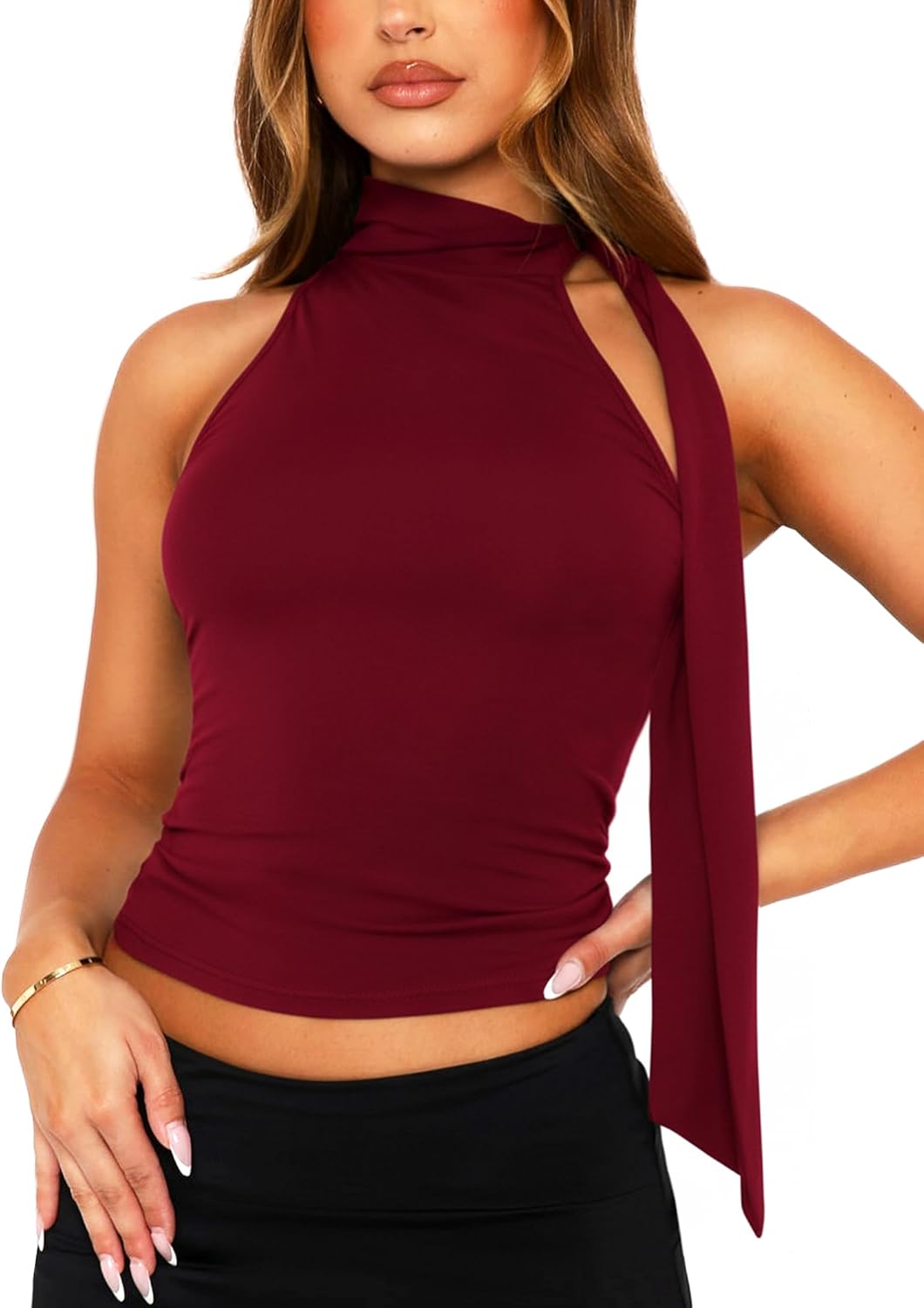 OZICERD Off Shoulder Halter Mock Neck Going Out Tops for Women Cute Club Rave Top Bow Tie Sleeveless Crop Tank Top with Scarf
