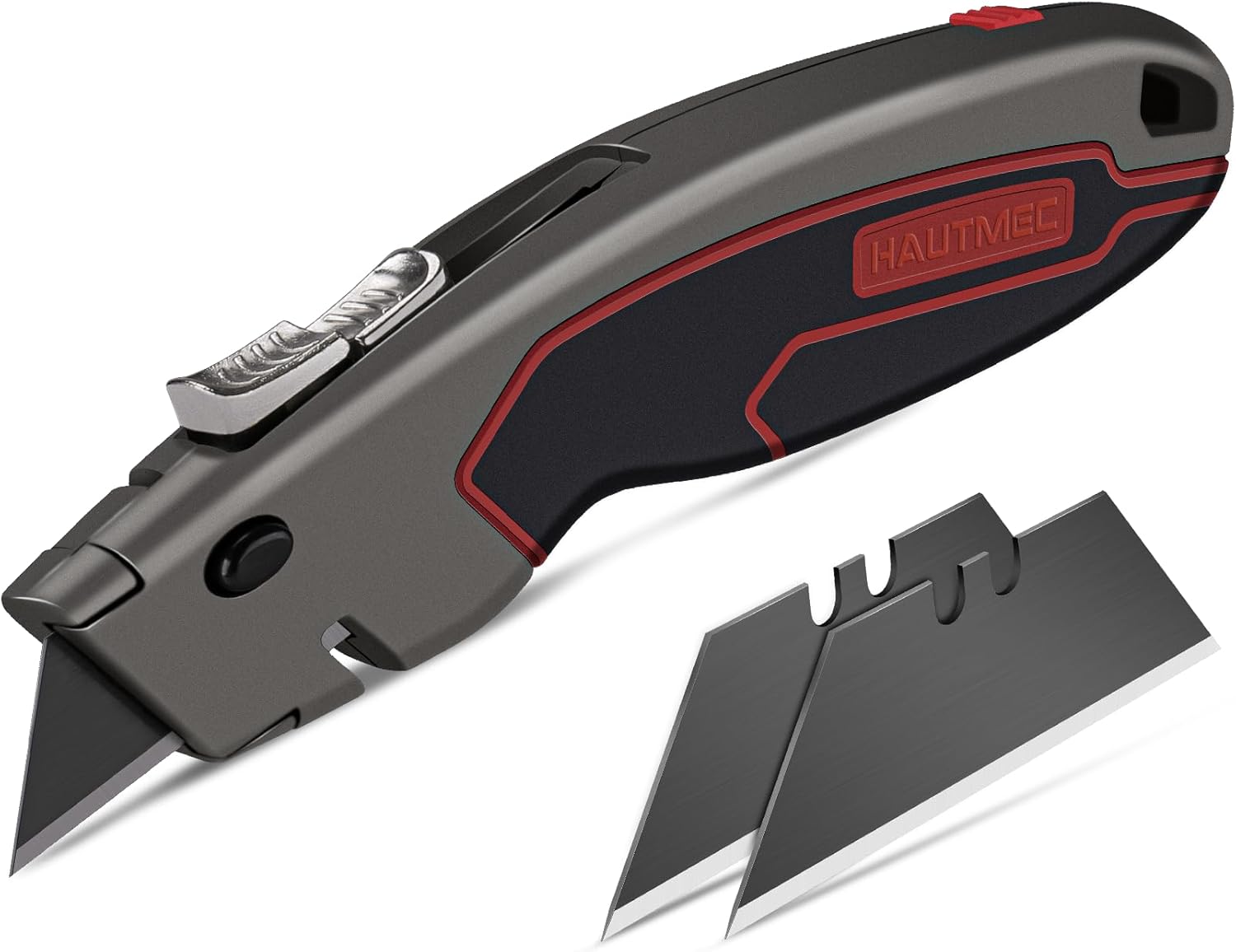 HAUTMEC Safety Box Cutter Heavy-Duty Retractable Utility Knife, Dual System Auto-Retracting with 3-Position Locking, Built-In Rope Cutter, Blade Storage & 3 Ultra-Sharp SK4 Blades – HT0311
