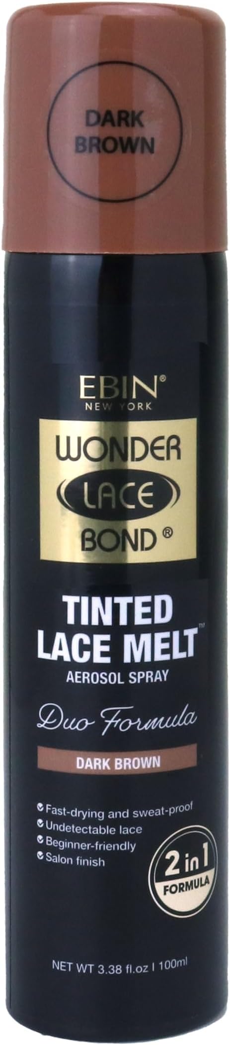 Wonder Lace Bond Tinted Lace Melt Aerosol Spray 100ml (Dark Brown) - Humidity Resistant, Quick-Drying, Lightweight, Flake-Free, Strong Hold for Seamless Lace Blending