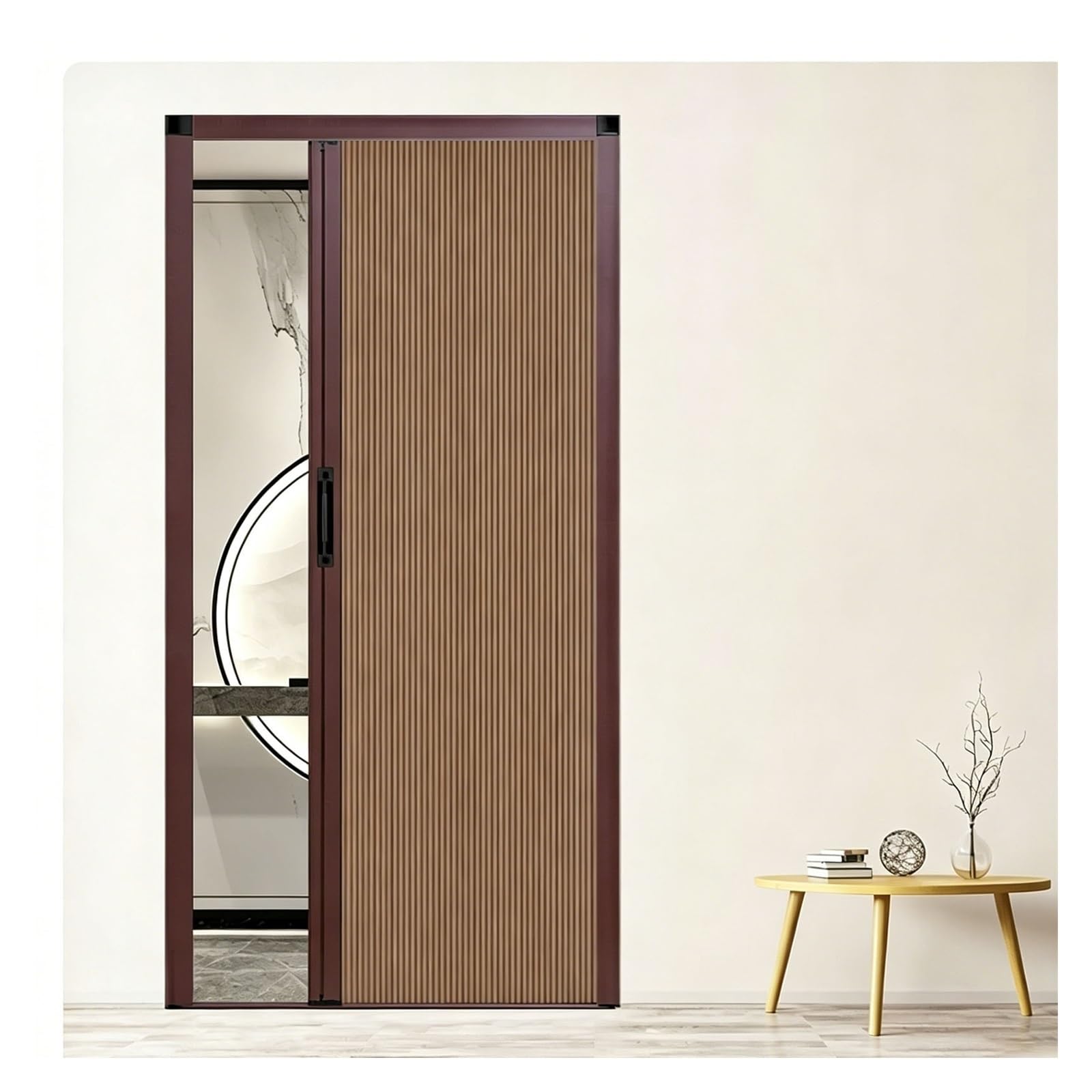 Aluminum Frame Accordion Door, No Drill Folding Room Divider, Space-Saving Blackout Privacy Screen for Bedroom, Balcony, Closet, Pantry, Customizable Partition(Brown,W x h 150x200cm)
