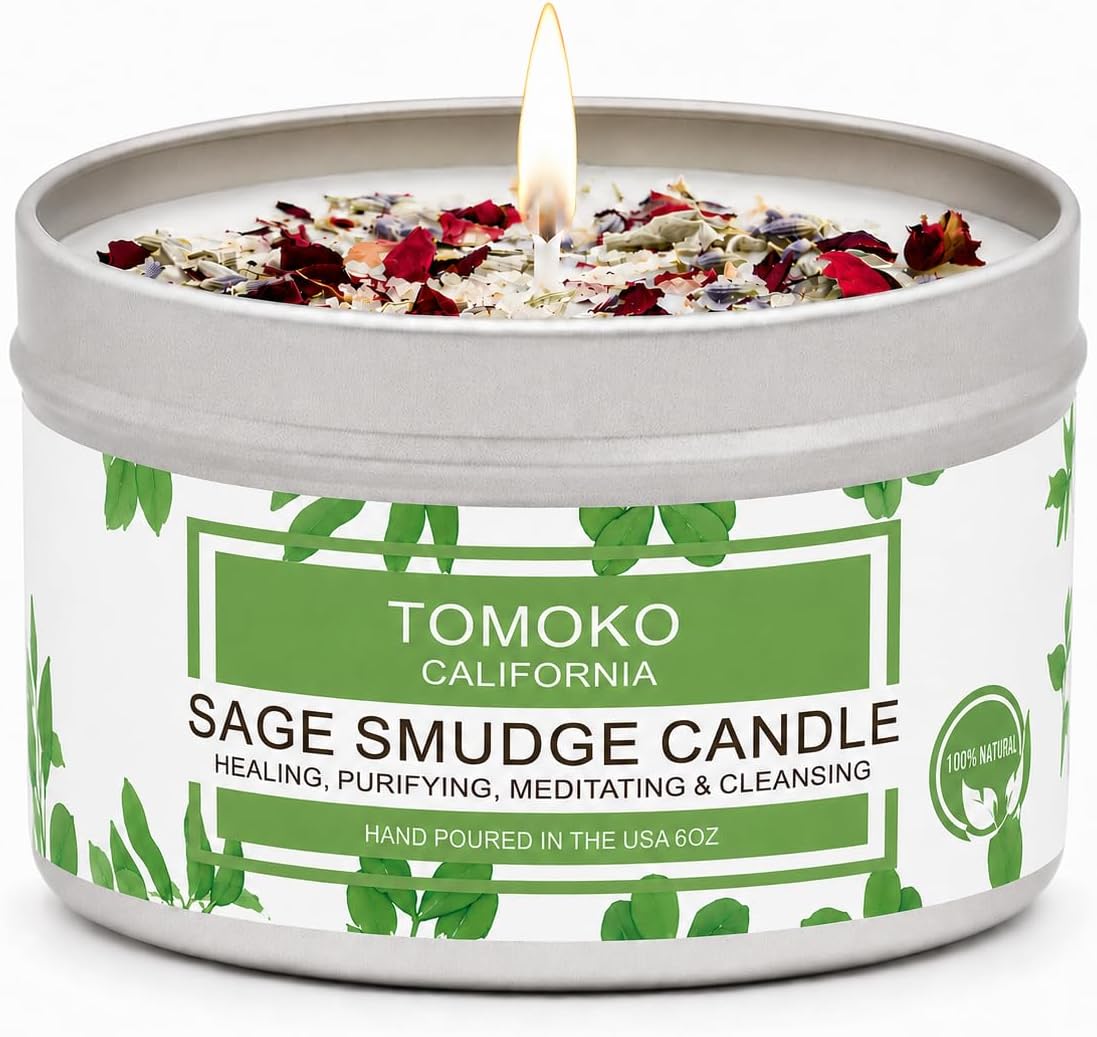 TOMOKO White Sage Candle, Sage Leaf, Rose, Lavender, Himalayan Salt & Essential Oil