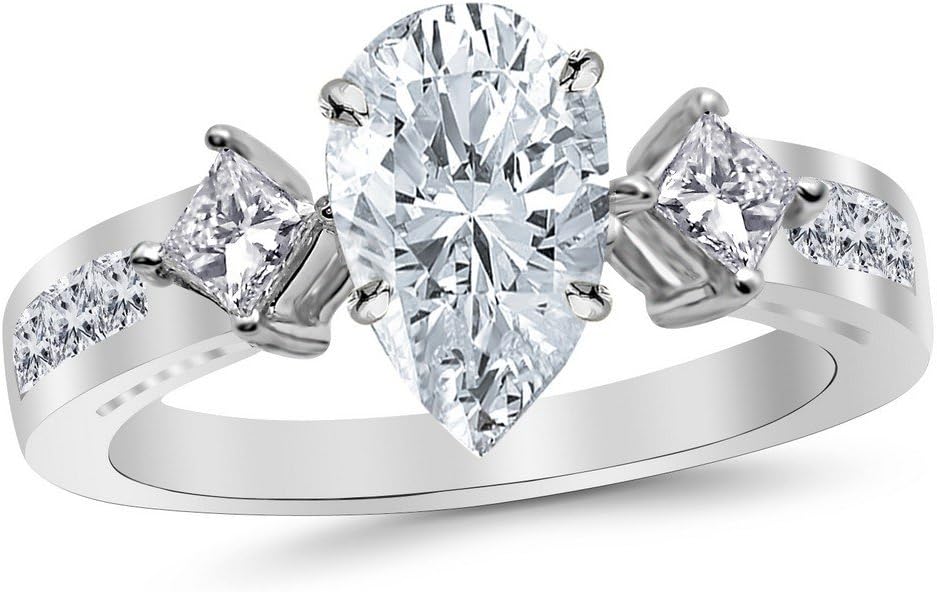 1.25 Ctw 14K White Gold Channel Set 3 Three Stone Princess Pear Cut Diamond Engagement Ring (0.5 Ct E Color SI1 Clarity Center Stone)