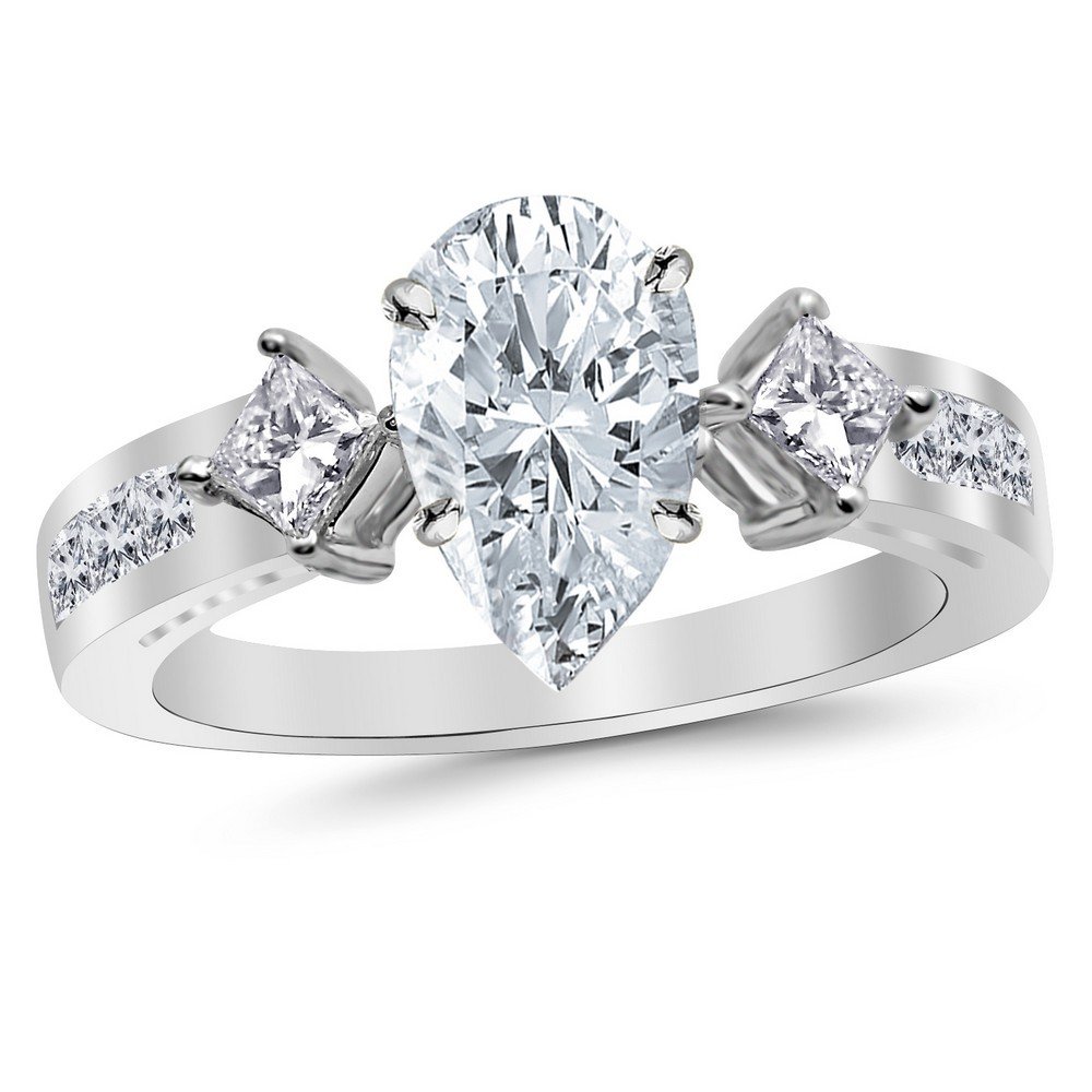 1.25 Ctw 14K White Gold Channel Set 3 Three Stone Princess Pear Cut Diamond Engagement Ring (0.5 Ct E Color SI1 Clarity Center Stone)
