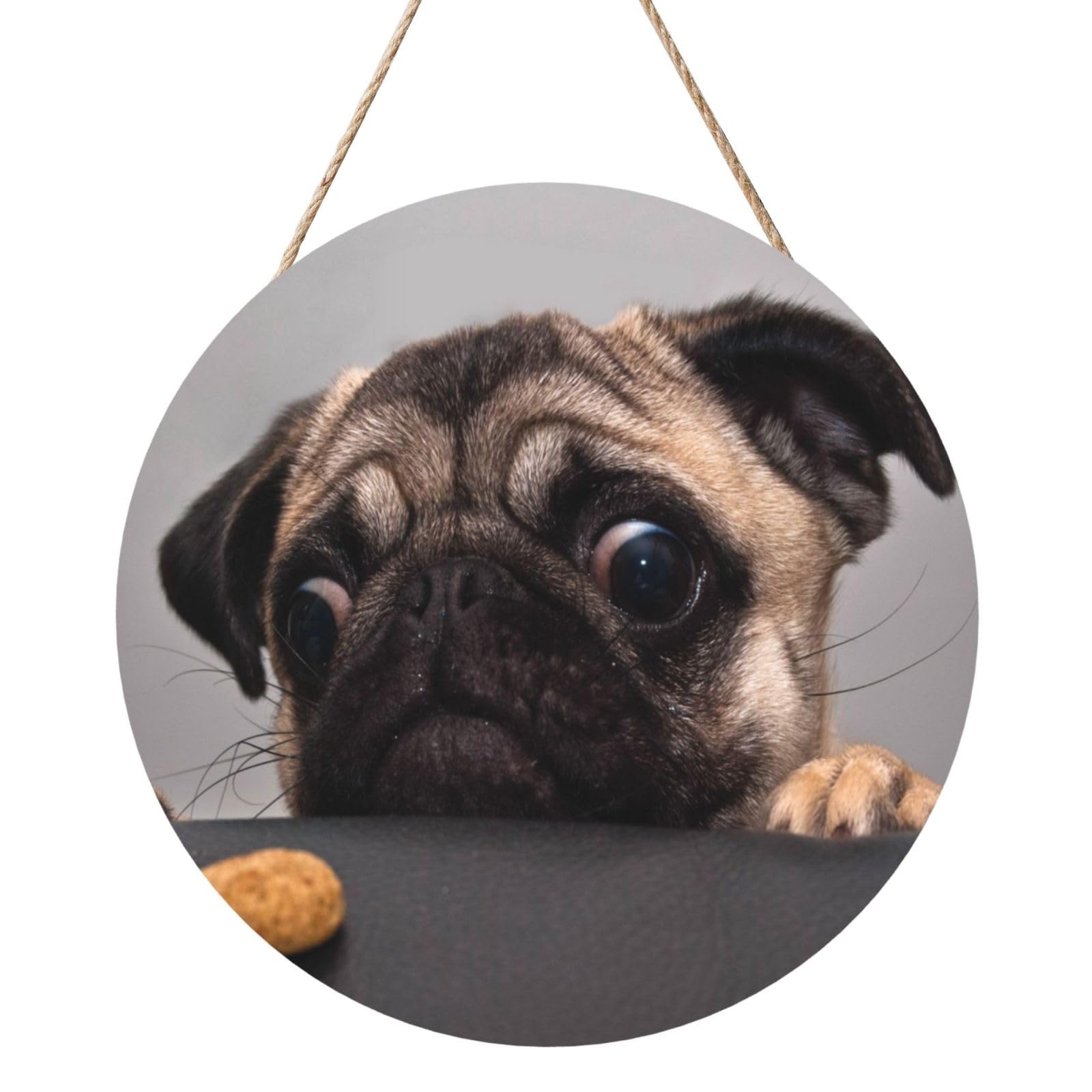 InOmak Funny Greedy Dog Pug, Round Wood Panel Painting 12 in, Wall Hanging Painting For Home