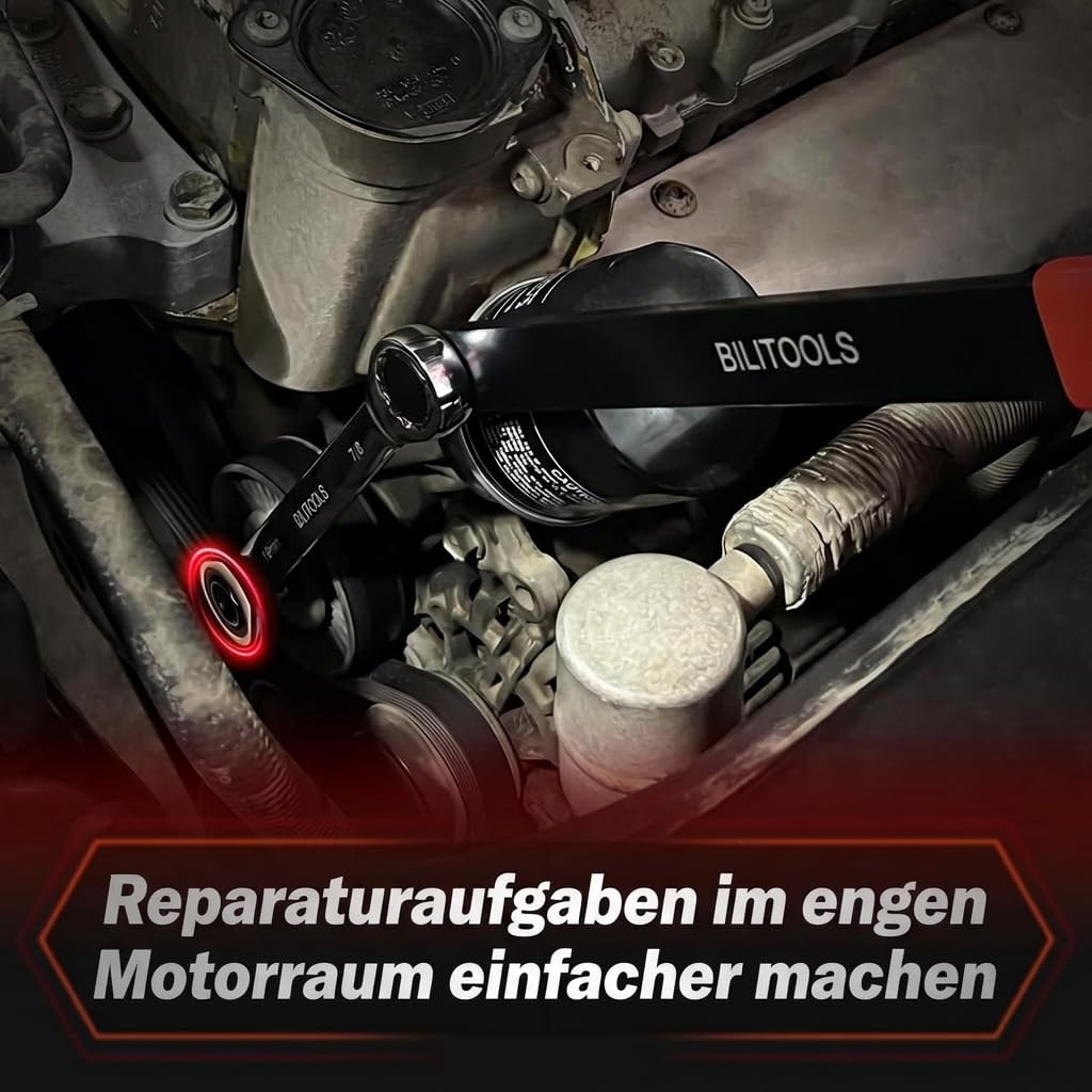 BILITOOLS 15-tlg. Universal Spannrolle Keilrippenriemen Keilriemen Schlüssel KFZ Werkzeug Satz, Ratschen Spannrollenschlüssel Durchsteck-Steckschlüssel zum Wechseln von Spannrolle Keilrippenriemen