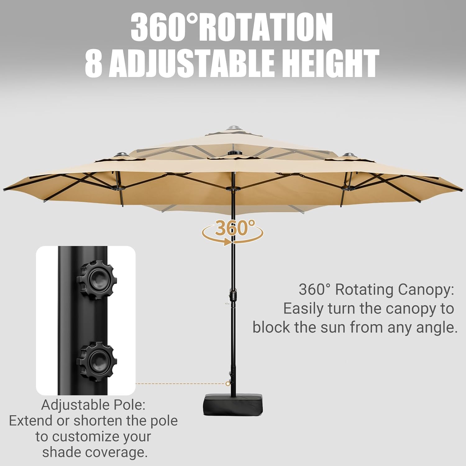 CHABATREE 15FT Double-Sided Patio Umbrella with Base Included, Large Outdoor Rectangular Market Umbrella for Backyard, Poolside, Lawn & Garden, Khaki