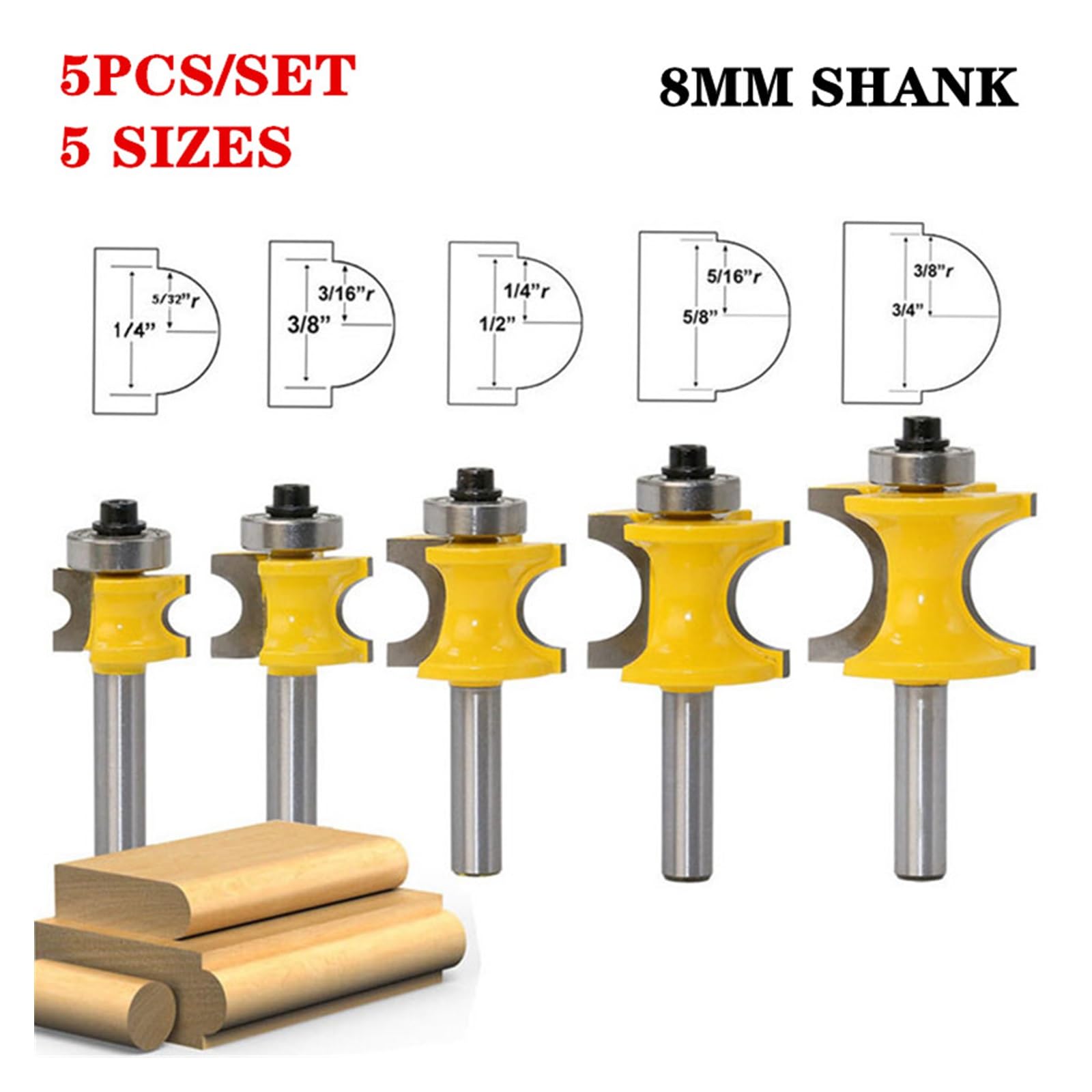 5 sztuk 8mm z końcówką trzpieniową Bullnose frez do drewna Bit węglika wolframu Box Router Bit frez do drewna