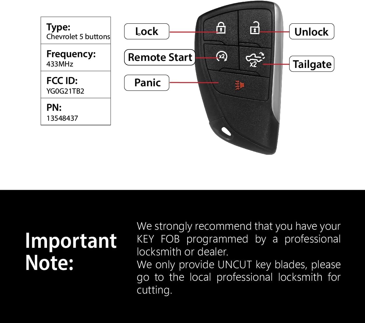 2 Keylessbest Replacement for 2021 2022 2023 2024 2025 Chevrolet Silverado Key Fob Remote Control YG0G21TB2 5 Buttons 433MHz
