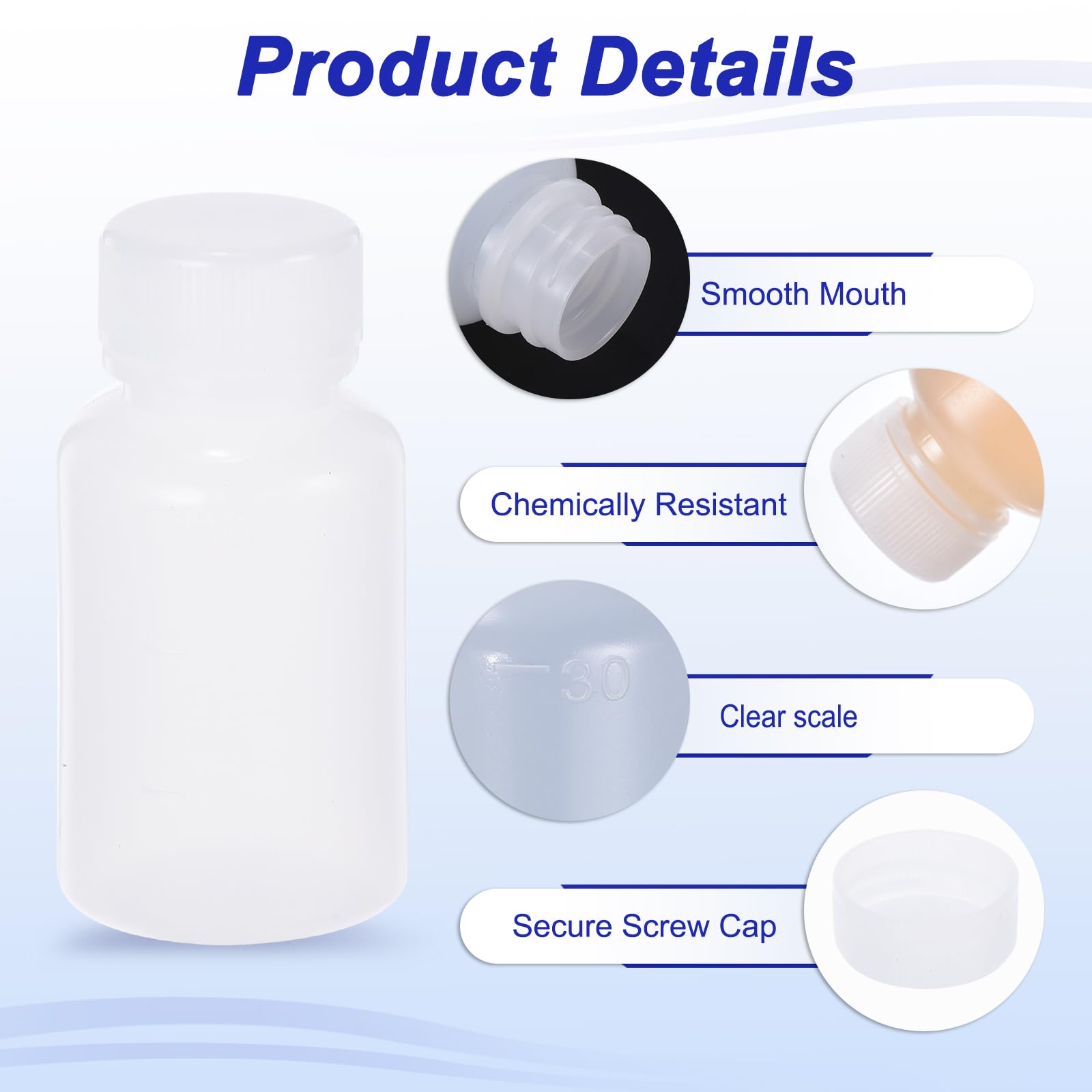 PATIKIL 50 Stück 30ml Kunststoff Flasche, PE Weithalsflasche Rundflaschen mit Schraubverschluss für die Lagerung von Labormedien, Reagenzien, undurchsichtiges Weiß
