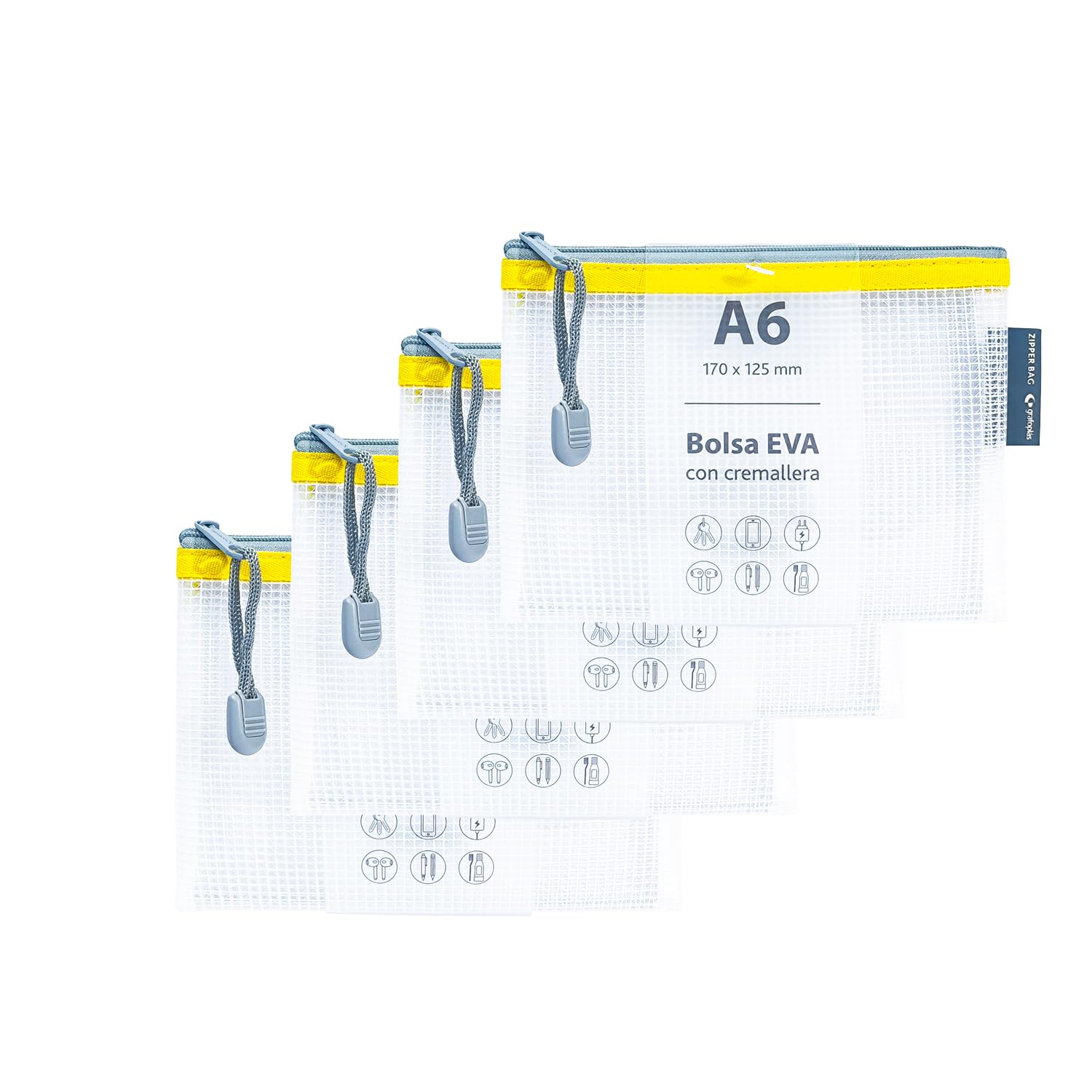 Grafoplas Pack of 4 EVA A6 Zip Bags | Made with Transparent EVA Rubber | Yellow Zipper | Ideal for Transporting All Kinds of Small Items, Documents, Cosmetics or Puzzles