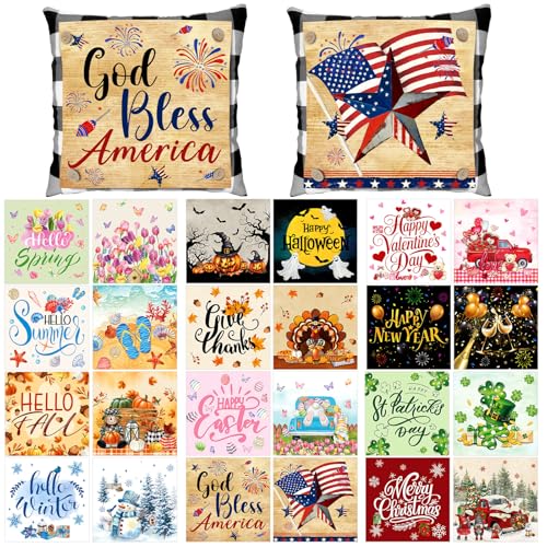 Hahafelt 2 Pcs Seasonal Holiday Throw Pillow Cover 18 x 18 Inch with 24 Interchangeable Pillow Panels Valentines Day Pillowcase Square Canvas Pillowcases for Home Office Farmhouse Couch Sofa Decor