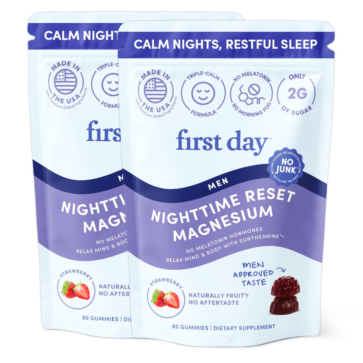 First Day Men’s Nighttime Reset Calming Magnesium Gummies – Sleep Aid Supports Peaceful Rest, Balanced Mood & Energy – Supplement with Magnesium Citrate, L-Theanine & No Melatonin – 60-Day Supply