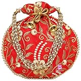 Red and gold potli Pearls Handle Clutch Drawstring Purse Indian Ethnic Women for Potli bag Ladies Handbag Embroidered Bag Batwa Wedding Jewelry (H*L:9' * 9.5'In)