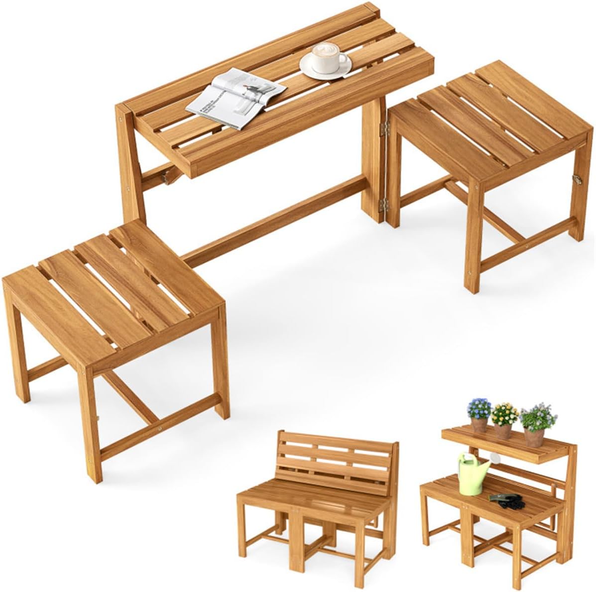 3-in-1 Convertible Outdoor Acacia Wood Furniture Set – Loveseat, Patio Table & Chairs, and Tiered Plant Stand for Garden or Deck