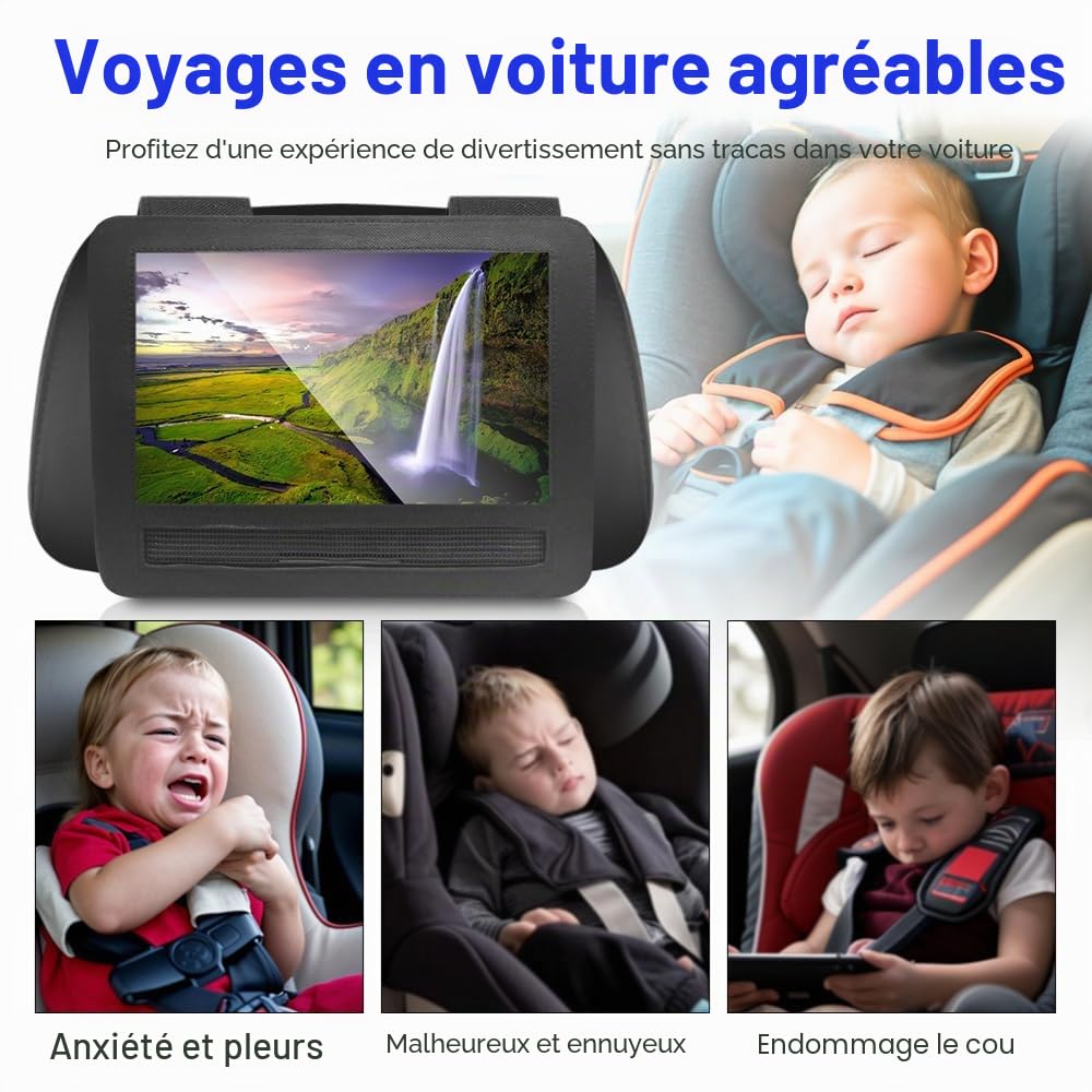 Riloer Sunwan Support de fixation pour appuie-tête de voiture, 3 tailles pour tablette, lecteur DVD, lecteur DVD portable pivotant et rabattable (25,4 cm, noir)