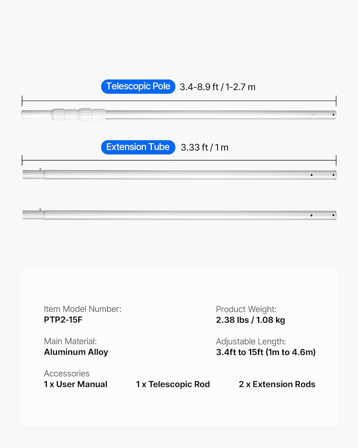 VEVOR Pool Pole, 3.4 to 15 Ft Telescoping Swimming Pool Cleaning Poles, Professional Adjustable Telescopic Pole with 2 Extension Poles, Heavy Duty Cleaner Stick for Skimmer Net, Brush, Vacuum Head