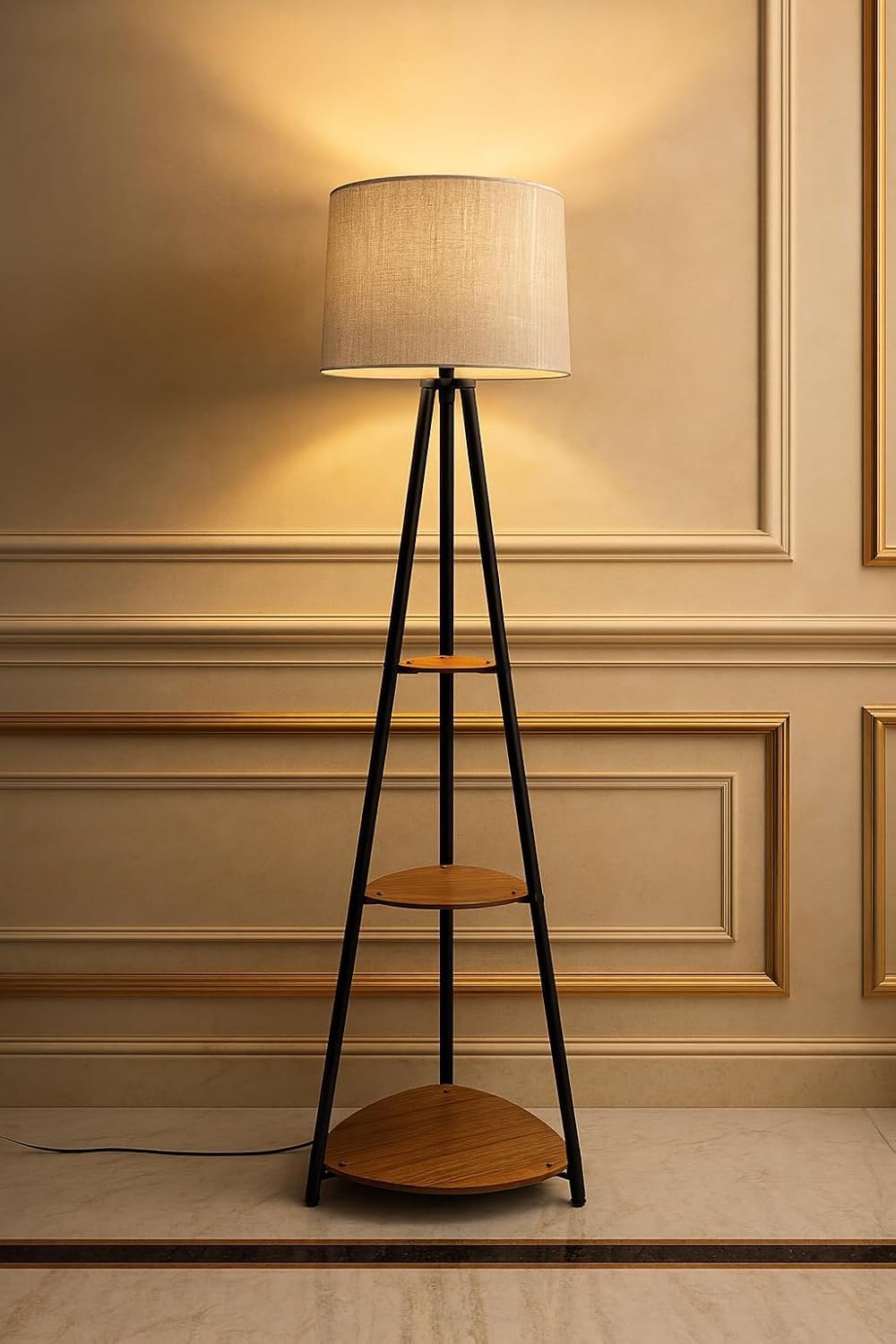 Modern Tripod Floor Lamp with Storage Shelves, Black Metal Frame with Wood Accents, Beige Fabric Shade, Living Room Standing Light-image-11