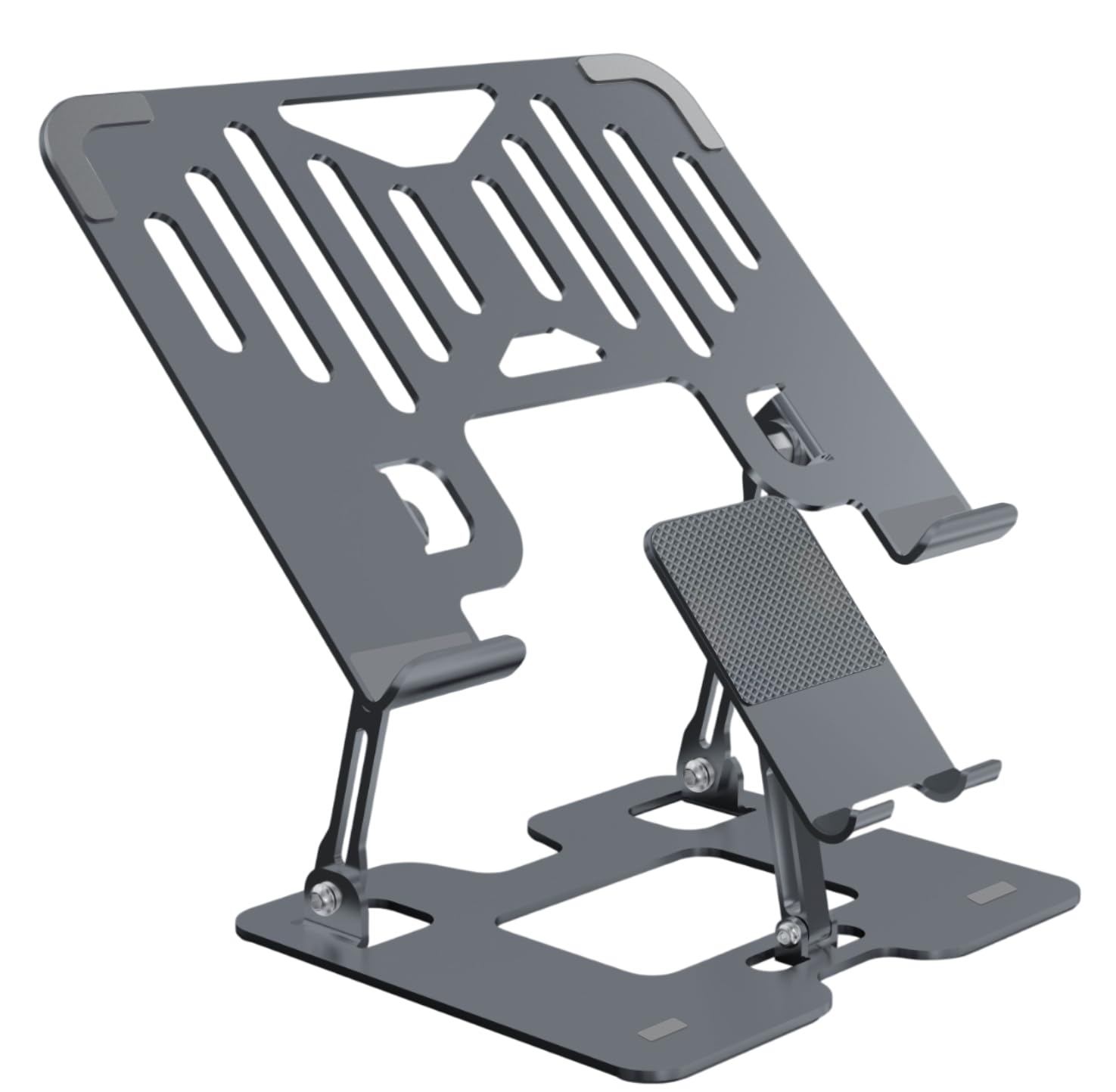 Dyazo 2 in 1 Adjustable Laptop & Mobile Stand | Foldable & Ventilated Riser for Laptops upto 15.6 inch | Portable Adjustable Height | Compatible for MacBook, HP, Dell, Acer, Lenovo & More (Space Grey)