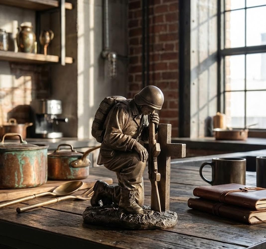 Napco Garden Antique White Finished Praying Soldier at Grave Military Memorial Statue