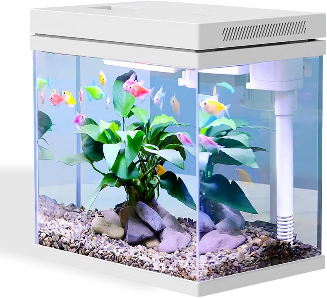 9L Fish Tank, Nano Glass Aquarium, Upgrade Filter system and LED Light, for Freshwater & Marine, Filter Balls Included (White, 9L)