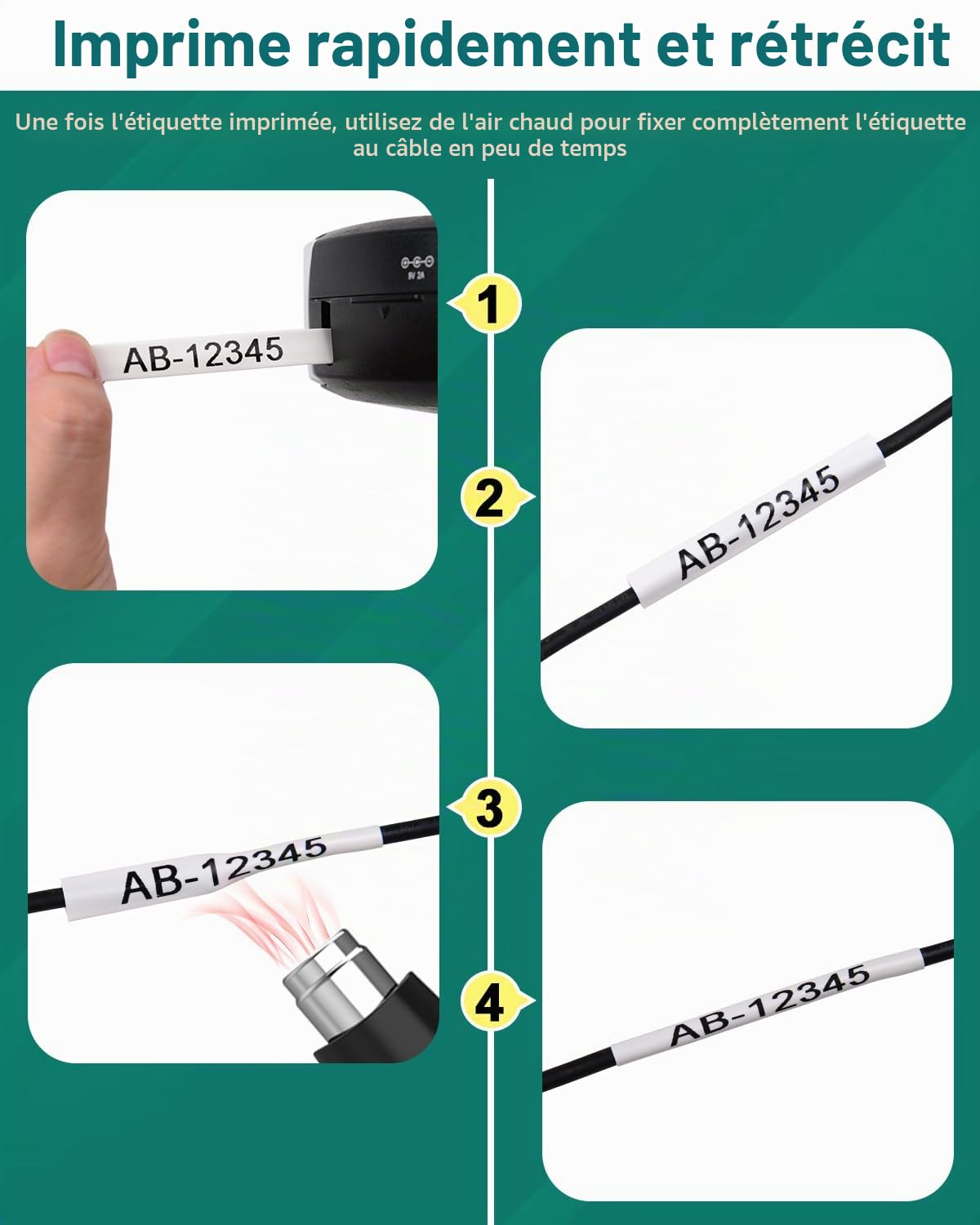 NineLeaf Lot de 4 tubes thermorétractables industriels compatibles avec DYMO 18055 12mm x 1,5m pour DYMO Rhino 4200 5000 5200 1000 3000 6000 Étiqueteuse industrielle 4,9' noir sur blanc