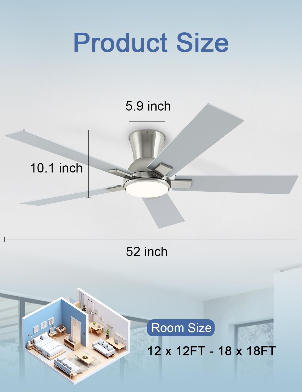 52 Inch Ceiling Fans with Lights and Remote Brushed Nickel Flush Mount Low Profile Ceiling Fan for Bedroom — view 3