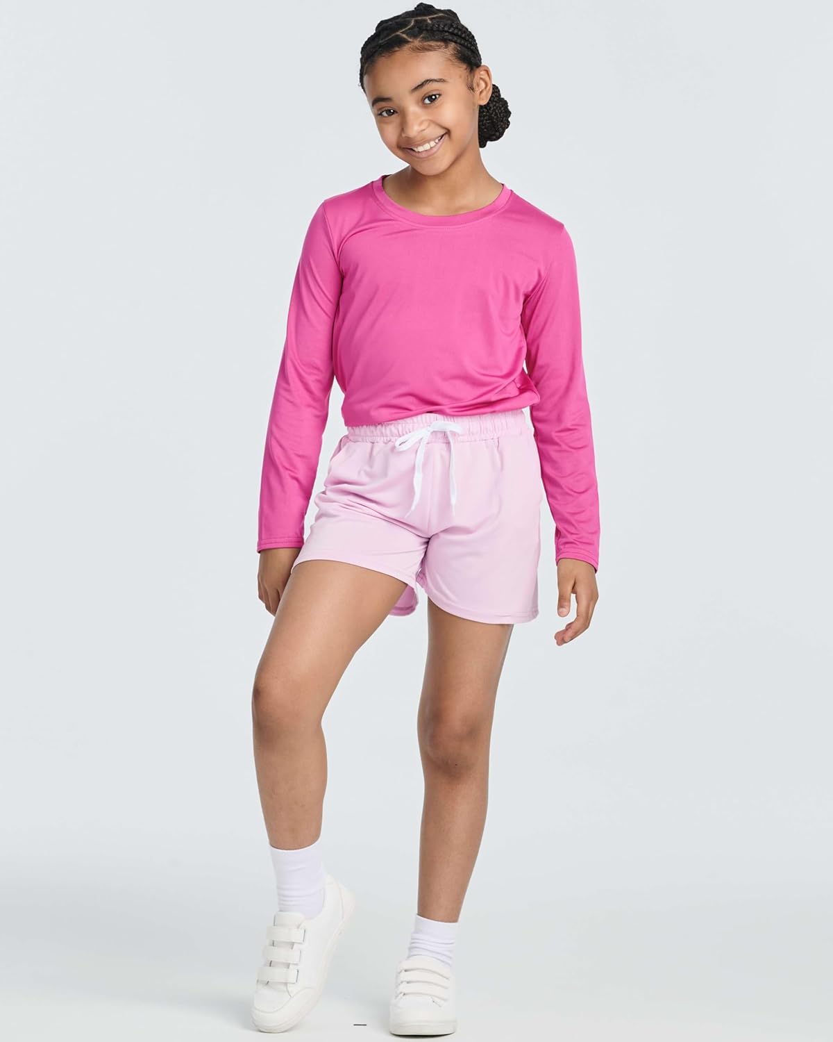 Real Essentials 4 Pack: Girls Athletic Performance Dry-Fit Running Shorts with Drawstring & Pockets - Image 6