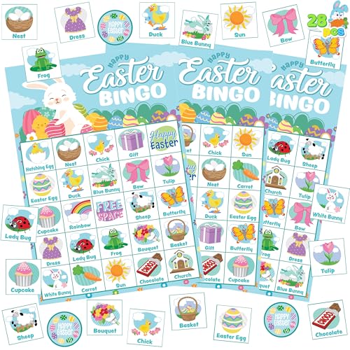 JOYIN 28 Players Easter Bingo Card (5x5) with Blue Color for Kids, Boys, Girls and Adults, Easter Games, School Classroom Activities and Easter Basket Stuffers