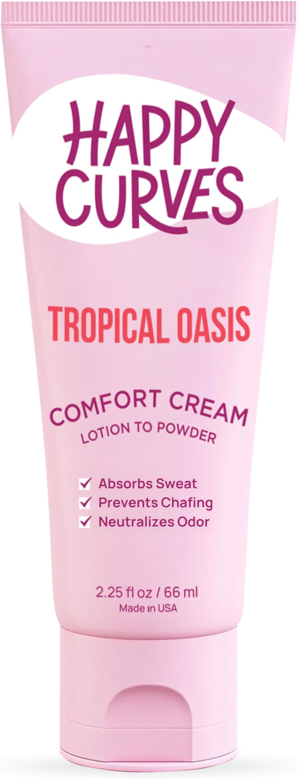 HAPPY CURVES Lotion to Powder Anti Chafing Odor Control Cream for Women: Aluminum-Free Cream for Private Parts, Under Breast, & Body 2.25 Fl Oz (1 Pack, Tropical Oasis)