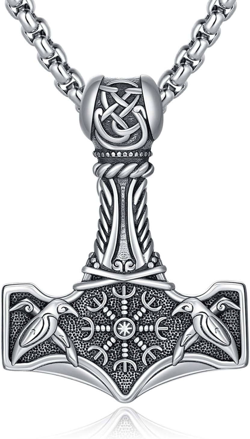 Thor Hammer Necklace 925 Sterling Silver Viking Mjolnir Hammer Talisman Pendant Norse Runes Amulet Jewelry Nordic Thors Hammer Jewelry Gifts for Men Women with 22’’+2’’Rolo Chain-Viking Mjolnir 01