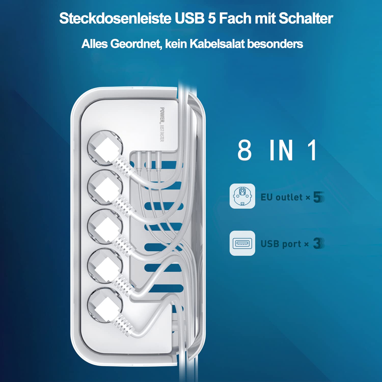 Kabelbox mit Steckdosenleiste Überspannungsschutz, 5Fach Mehrfachsteckdose mit 3USB, Kabel Organizer Box Steckdosenadapter mit 2M Kabel und 10 Stück Kabelbinder, 29.5 * 14 * 14CM, Weiß