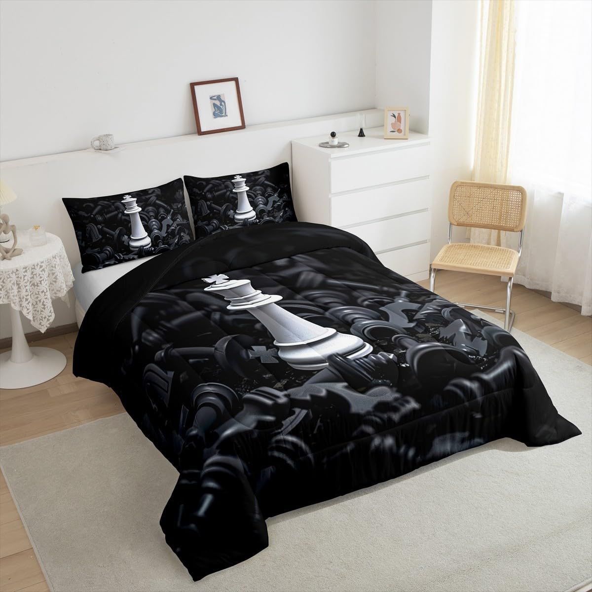 Feelyou Kids Queen International Chess Comforter Set Chess Comforter Games Comforter Set for Kids Boys Girls Black White Duvet Set Kids Room Decor 3Pcs