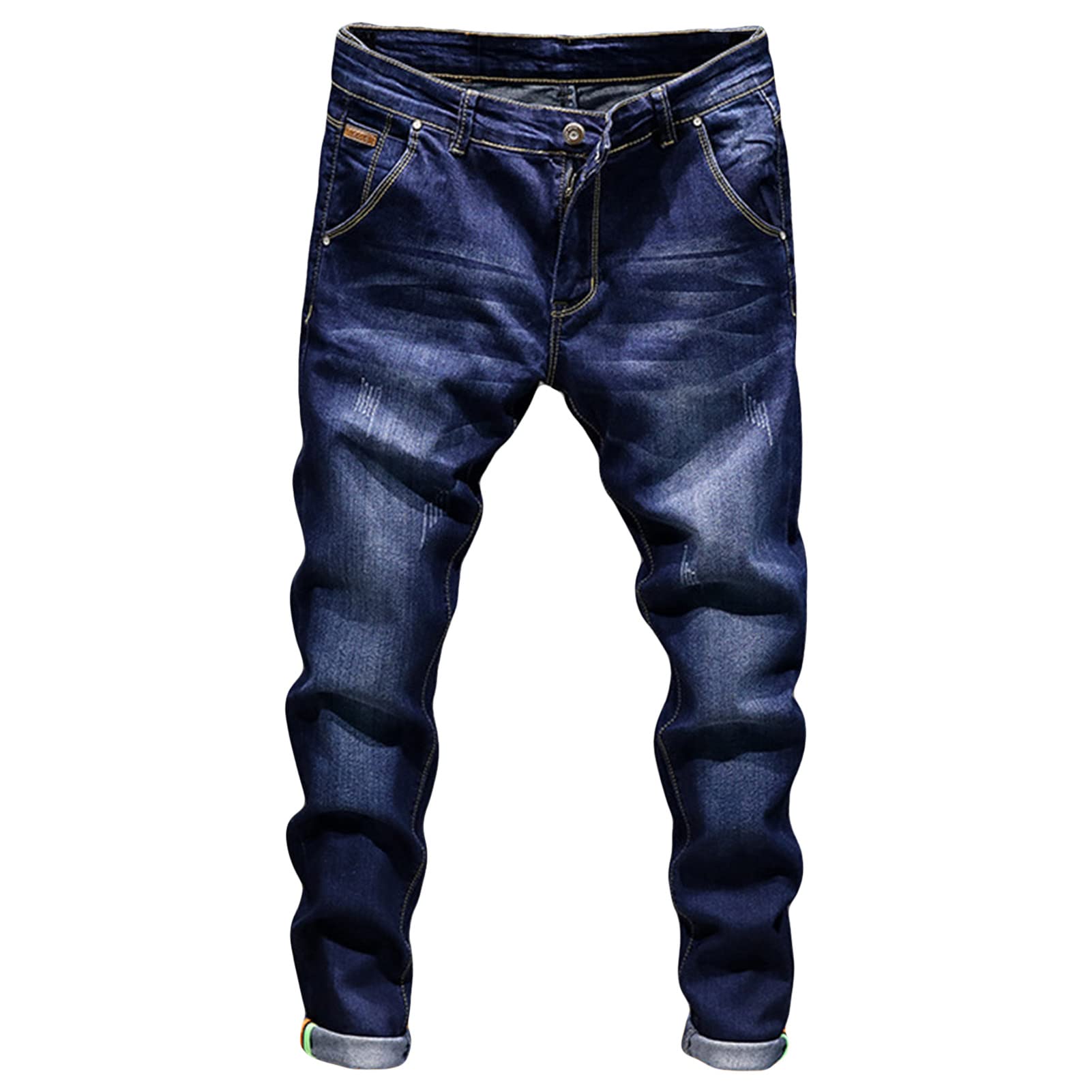 Mens Slim Fit Stretch Jeans Classic Solid Color Tapered Leg Denim Pants Retro Washed Distressed Comfort Jean