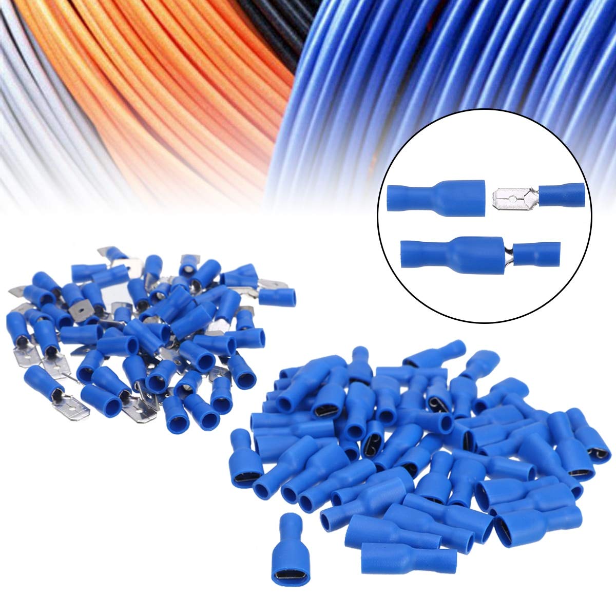 Davitu Terminals - 100Pcs Blue Female & Male Insulated Spade Crimp Terminal Connector For 1.5mm to 2.5mm Electrical Wire Cable Connection