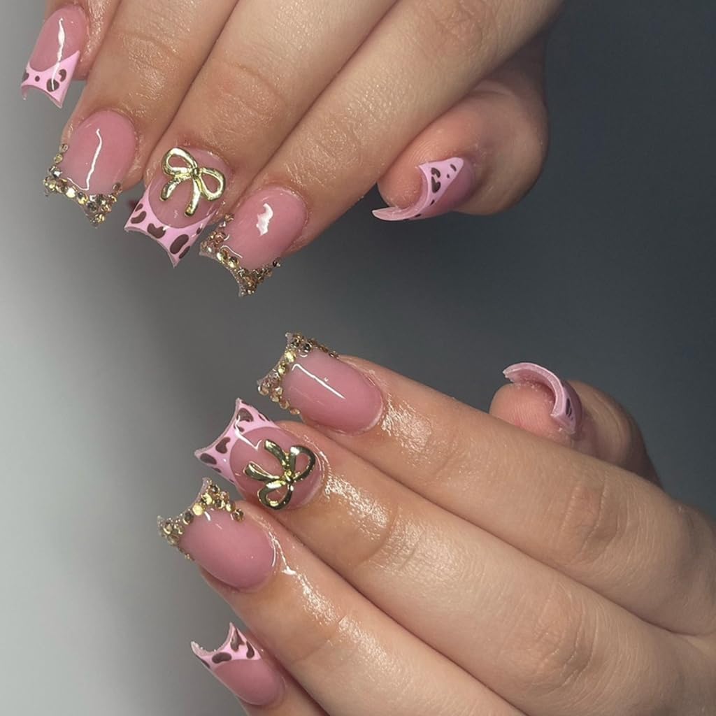 24Pcs Short Square False Nails 3D Bows Acrylic Artificial Nails For Celebrations And Daily Commuting