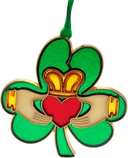 Claddagh Ornament with Friendship Loyalty Love Crown and Heart on a Shamrock Christmas Tree Decoration, 3 7/8 Inch