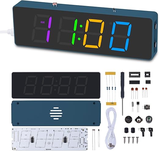 Soldering Practice Kit, DIY 4 Digit Digital Alarm Clock with RGB Modes, Large Display Electronic