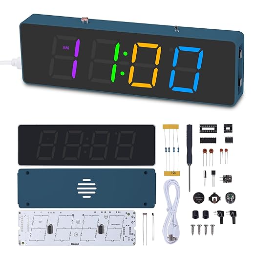 Soldering Practice Kit, DIY 4 Digit Digital Alarm Clock with RGB Modes, Large Display Electronic