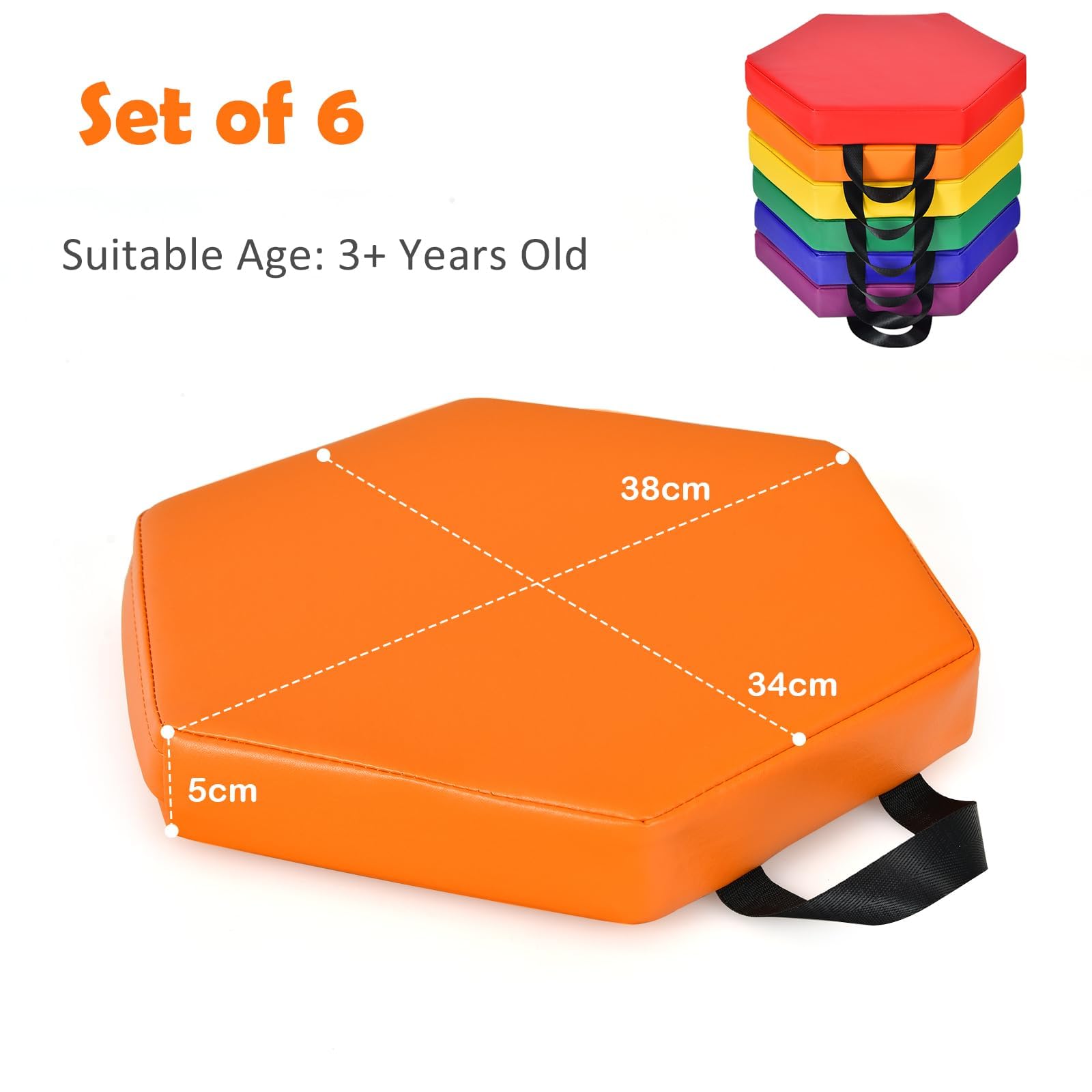 LIFEZEAL Lot 6 Coussins de Chaises pour Enfants, Galette de Chaise en Mousse et PU, Futon de Sol Adulte Empilable Multicoloré avec Poignée, 38x34x5 CM, Intérieur et Extérieur