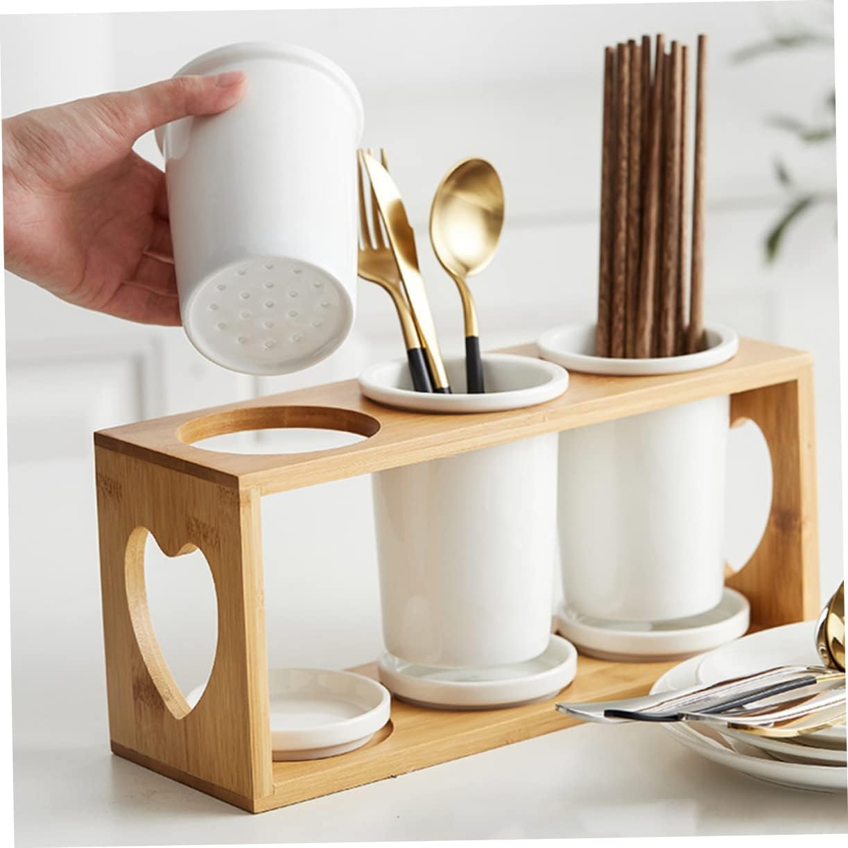 Ceramic Chopsticks Holder Set Bamboo Rack 3-Tube Kitchen Utensil Organizer Multi-Functional Cutlery Storage for Home Cooking