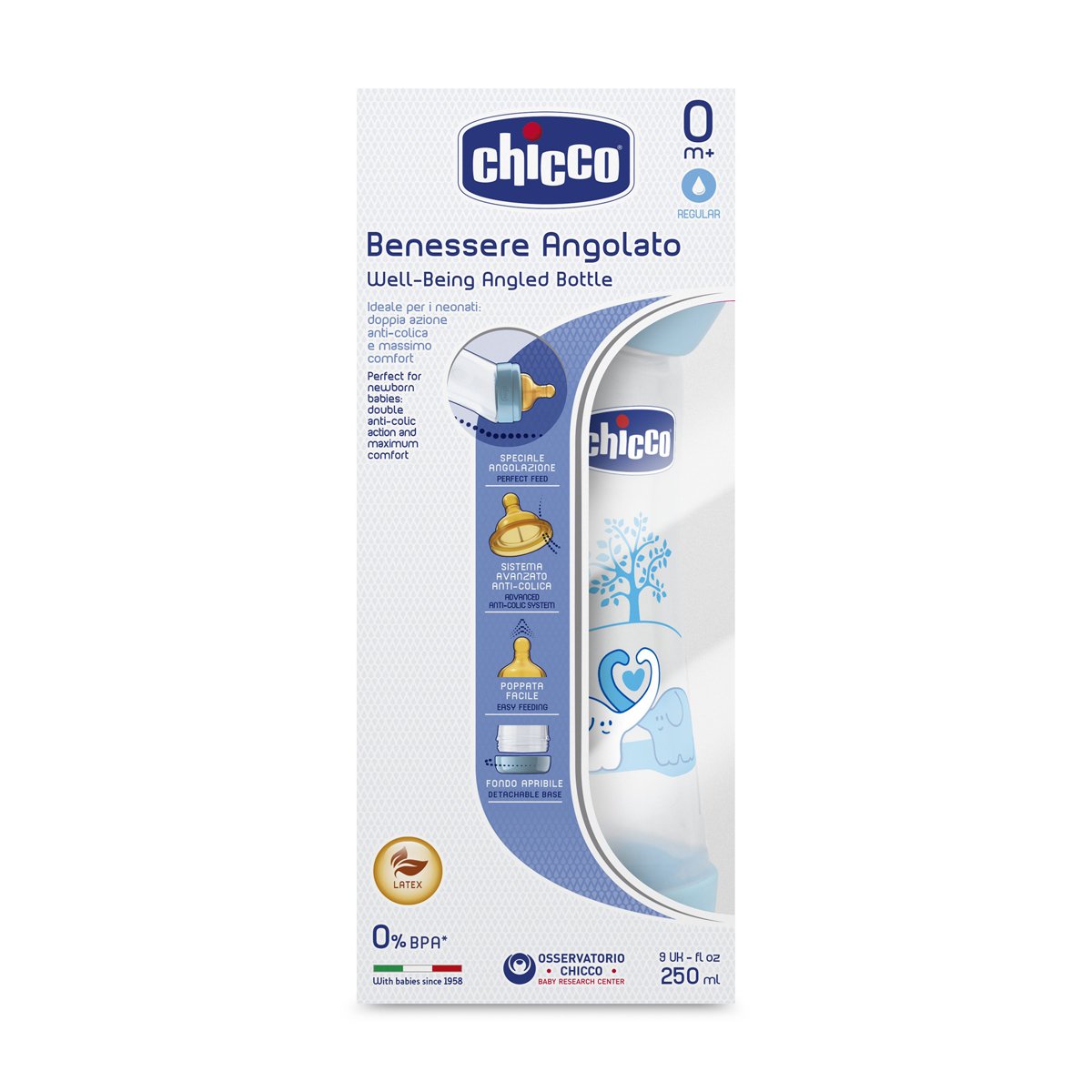 Chicco 00020620200000 Benessere Angolato Bambino Biberon, Caucciù, Flusso Regolare, 250 ml, Blu