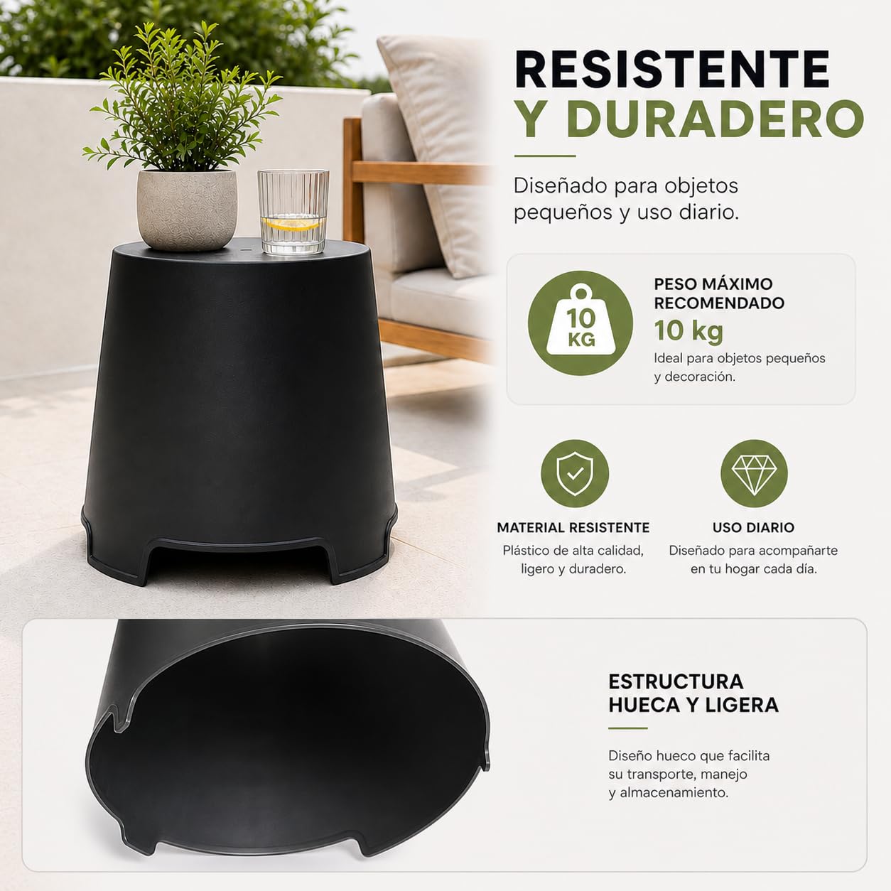 TIENDA EURASIA – Mesa Auxiliar de Jardín Exterior | 41x35x38 cm | Plástico PP Resistente | Soporta hasta 10 kg | Portátil y Ligera | Ideal para Terraza, Balcón y Exterior (Antracita)
