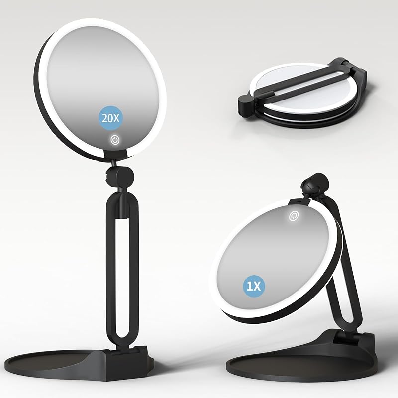 Espelho de maquiagem com luz Suupvaor, dupla face 20X/1X, 3 cores, altura ajustável, dobrável, preto, com cabo Type-C