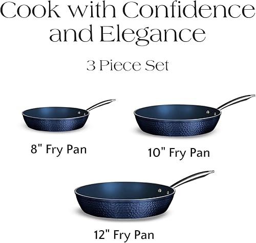 Miniatura 8 de OrGREENiC Blue Hammered Cookware Collection  Juego de 3 piezas con tapas  Cerámica antiadherente para calefacción uniforme  Seguro para