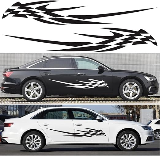 Amazon 2pcsカーリフィットチェック柄ウエストラインビニール カージャカードdiyレーシングストライプカーボディステッカーユニバーサル ステッカー デカール 車 バイク